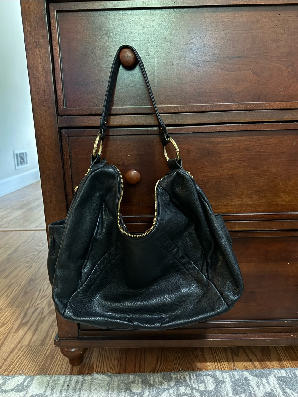 Black Leather Shoulder Bag with Gold Hardware